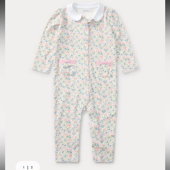 Ralph Lauren Floral-Print Cotton Coverall Onesie with Pink Accents 6m - Picture 1 of 6